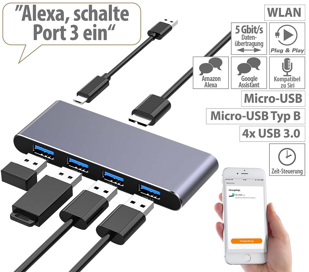 Xystec WLAN-USB-3.0-Hub mit 4 einzeln schaltbaren Ports