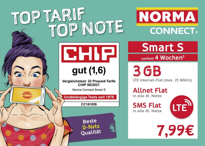 NORMA Connect „Smart S“-Tarif vom Technikmagazin CHIP mit Top-Note ausgezeichnet / 3 GB Datenvolumen und Allnet-Flat in alle deutschen Netze