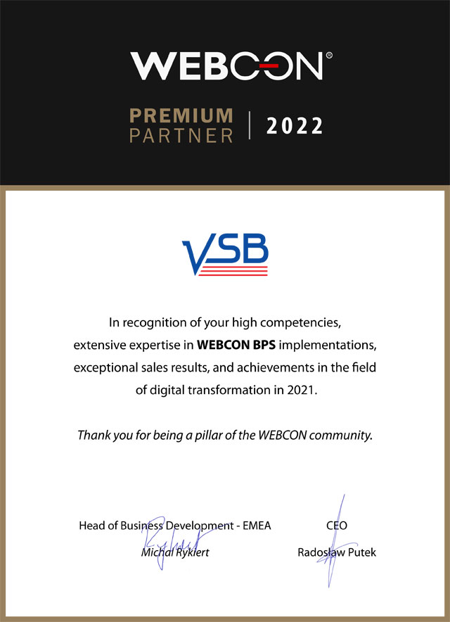 VSB ist auch 2022 wieder WEBCON Premium Partner